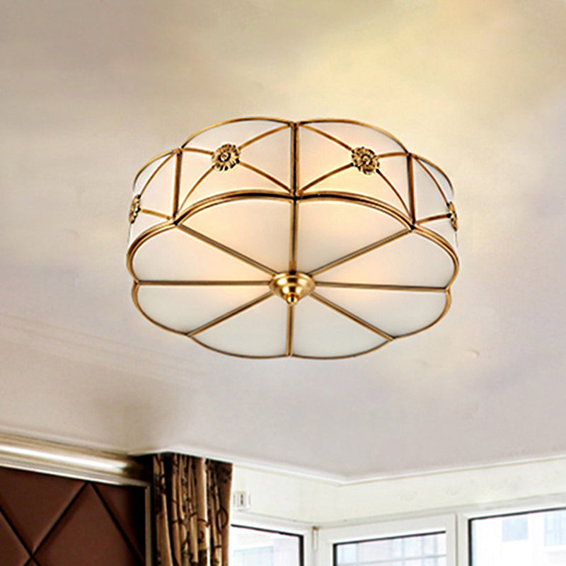 Traditional 1-Tiered White Glass & Gold Flush Mount Chandelier - 3/4/6 Bulbs (14/18/23.5 Width)