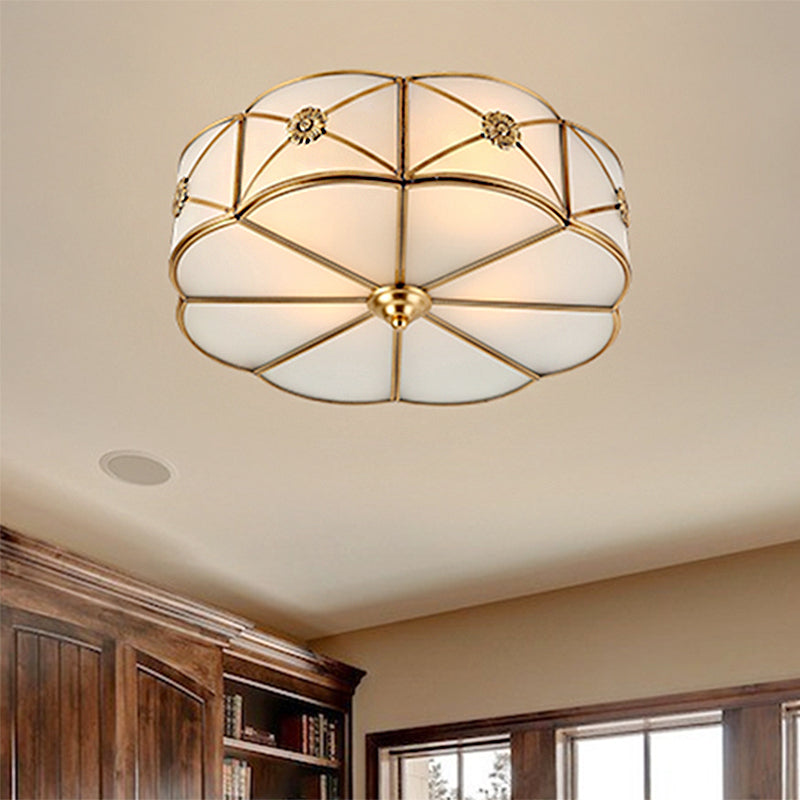 Traditional 1-Tiered White Glass & Gold Flush Mount Chandelier - 3/4/6 Bulbs (14’/18’/23.5’ Width)