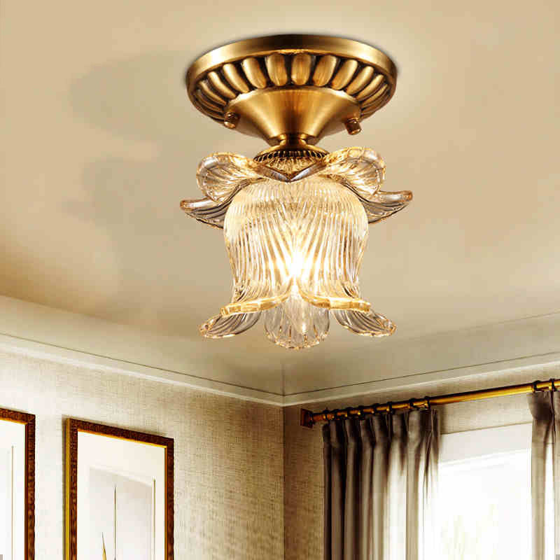 Traditional Brass Chandelier With Clear Ribbed Glass And Semi - Flush Mount For 1 Bulb