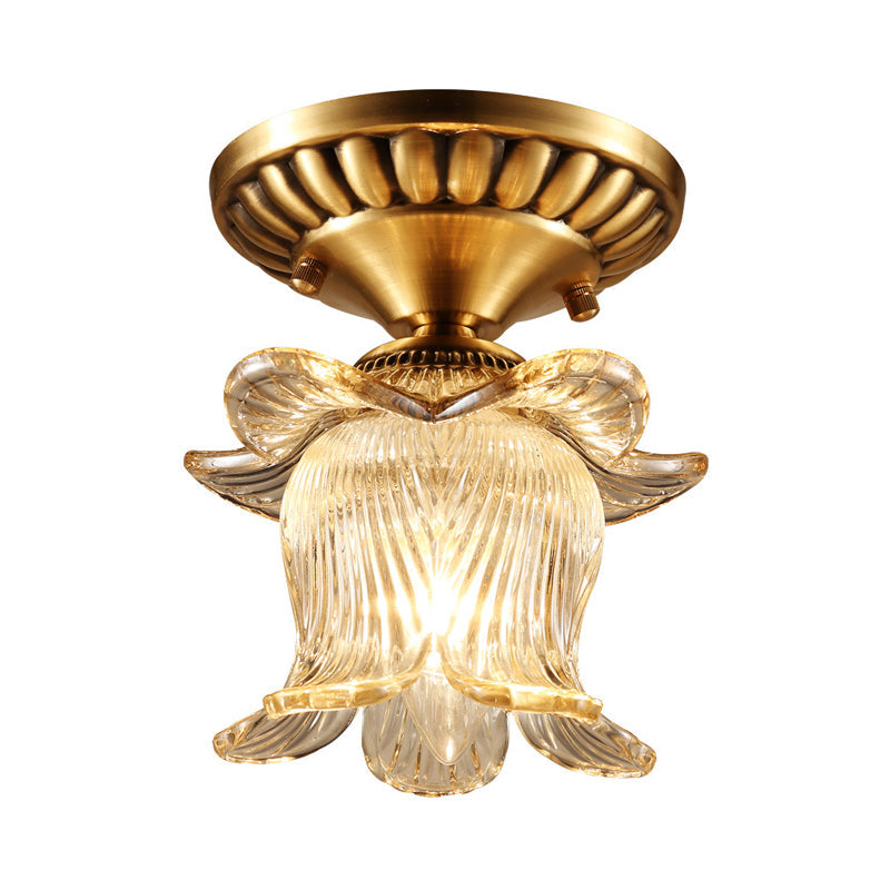 Traditional Brass Chandelier With Clear Ribbed Glass And Semi - Flush Mount For 1 Bulb