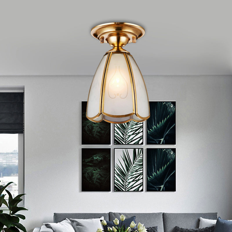 Traditional White Glass Brass Semi Flush Mount Chandelier 5’/6’ Wide Cone/Globe Ceiling 1 Bulb