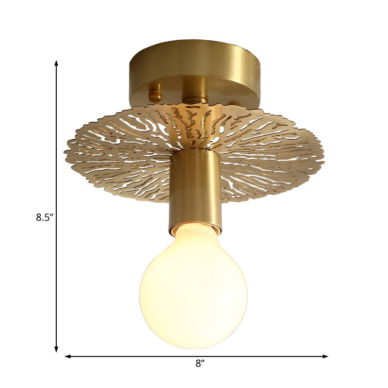 Traditional Brass Flush Mount Lamp With Exposed Bulb - 1 Head Ceiling Mounted Light For Living Room