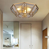 Traditional Brass Tapered Flush Mount Ceiling Light Fixture With 4 Bulbs And Ribbed Glass For Dining