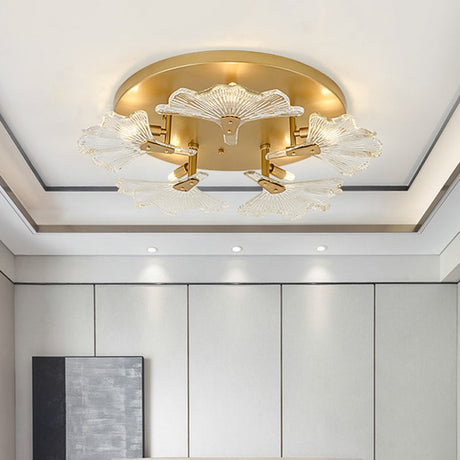Clear Glass Brass Flush Mount Ceiling Light Fixture For Dining Room With 5 Bulbs