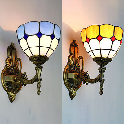 Retro Tiffany Stained Glass Wall Sconce With 1 Light -Yellow/Blue For Corridor