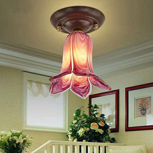 Traditional Glass Flush Ceiling Light Fixture - Flower Shaped White/Yellow/Purple 1 For Living Room