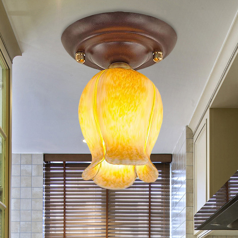 Traditional Glass Flush Ceiling Light Fixture - Flower Shaped White/Yellow/Purple 1 For Living Room