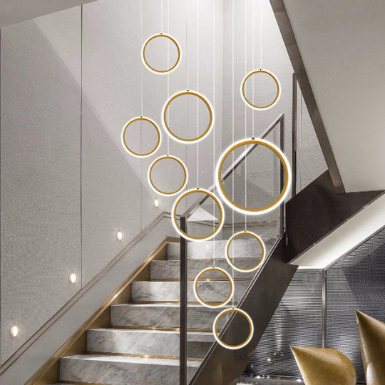 Golden Metallic Halo Pendant Light - Minimalistic Led Suspension For Stairway Gold / Round
