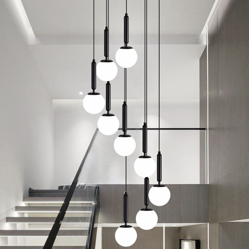 Modern Cream Glass Multi-Lamp Ceiling Light With Globe Stairs Design - Pendant Lighting Fixture