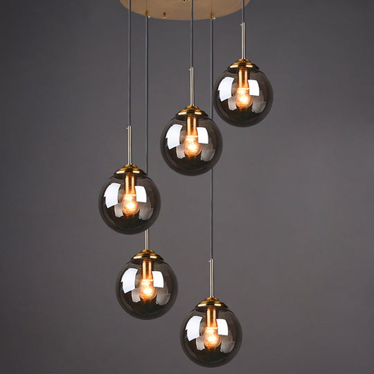 Brass Finish Cluster Ball Pendant - Post-Modern Glass Suspended Lighting Fixture With 5 Bulbs Smoke