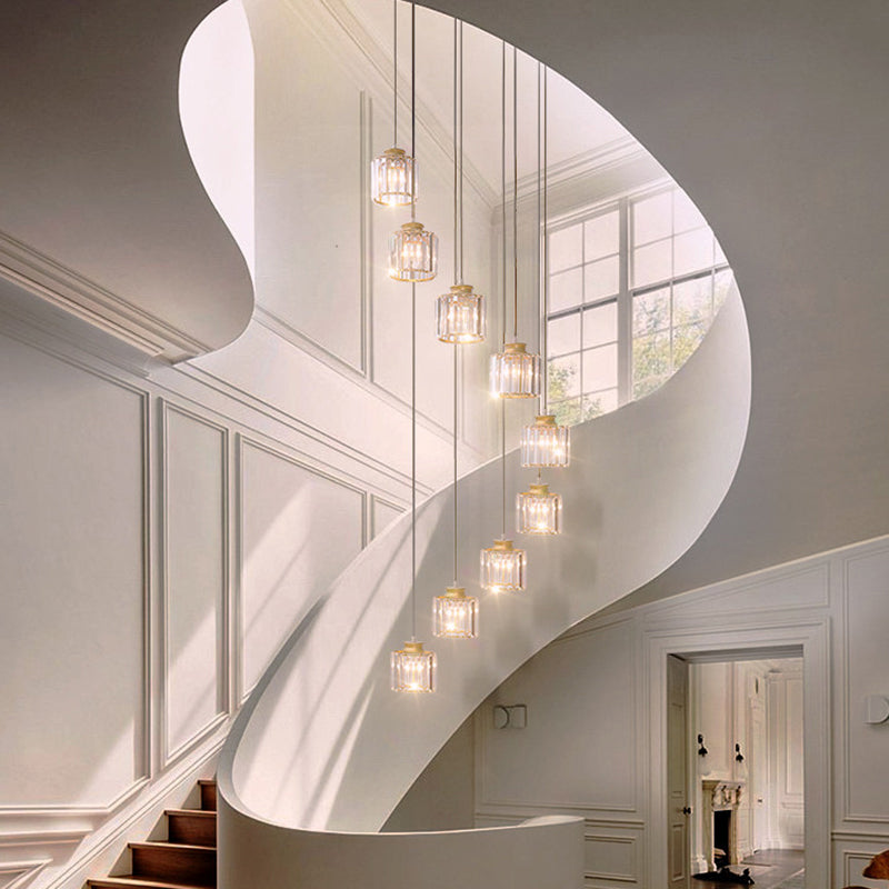 Minimalist Crystal Pendant Ceiling Light With Multiple Lamps And Stairway Design