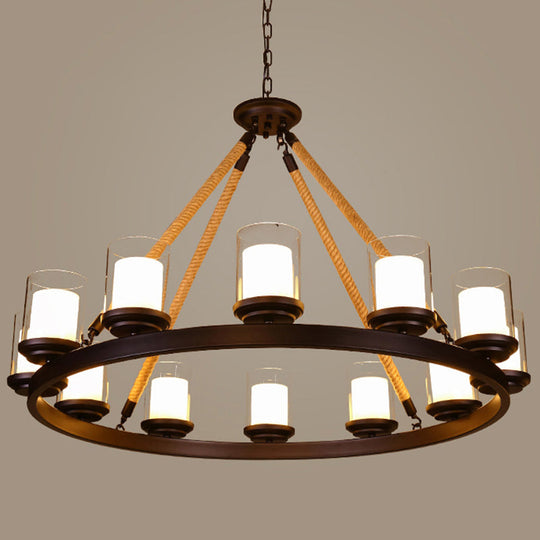 Farmhouse Cylindrical Suspension Lamp: Clear Glass Chandelier With Rope Arm 12 / Cream