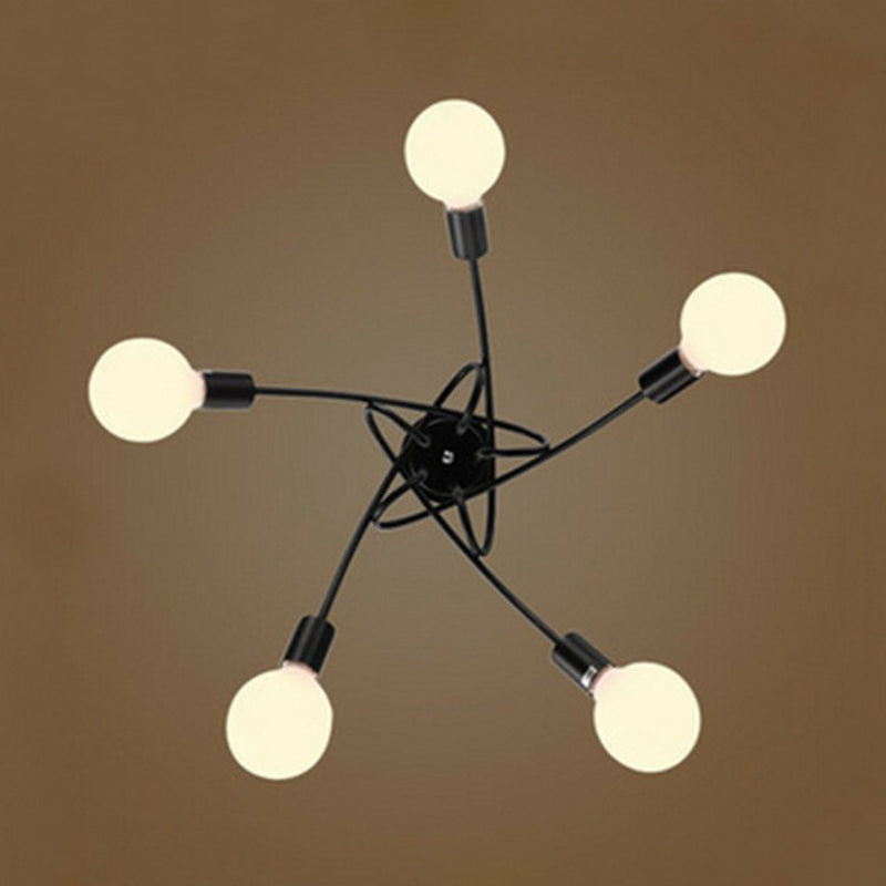 Black Metal Knot Chandelier With Bare Bulb Design - Industrial Living Room Lamp