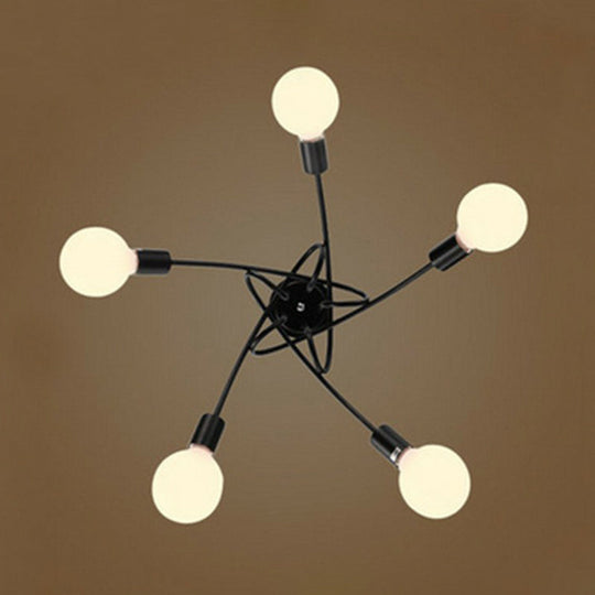 Black Metal Knot Chandelier With Bare Bulb Design - Industrial Living Room Lamp