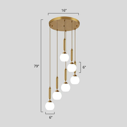 Gold Multi Hanging Stairway Light With Minimalist White Glass Ball Pendant 6 / Cylinder
