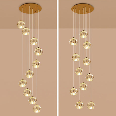 Minimalist Golden Crystal Ball Pendant Light For Stairs - Faceted Cut Ceiling Lamp Cluster