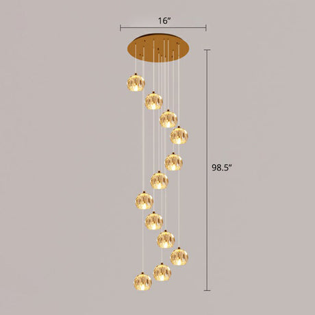 Minimalist Golden Crystal Ball Pendant Light For Stairs - Faceted Cut Ceiling Lamp Cluster 12 / Gold