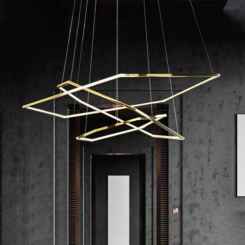 Minimalist Gold Led Chandelier For Living Room - Stainless Steel Hexagon Suspension Lamp