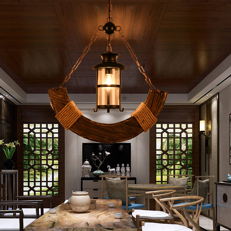 Nautical Brown Glass Pendant Lamp With Arch Wood Deco - Cylindrical 1-Bulb Hanging Light