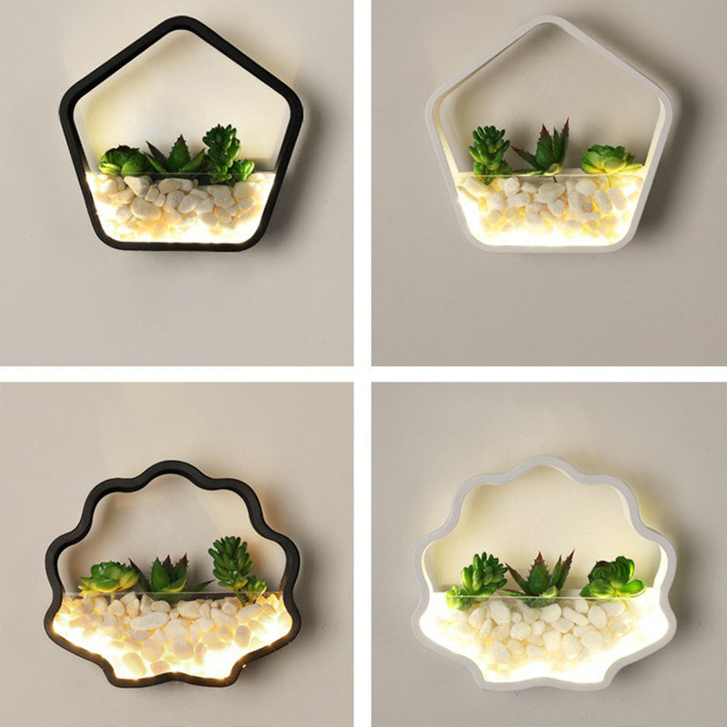 Art Deco Metal Halo Led Sconce Light - Wall Mounted With Cobblestone And Imitation Plant Black /