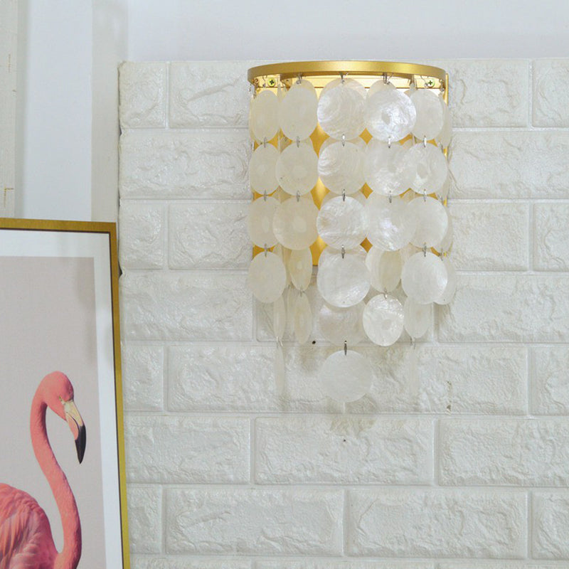 Country Style Gold Shell Wall Lamp With Circle Strands - 1 Head Bedroom Sconce Light