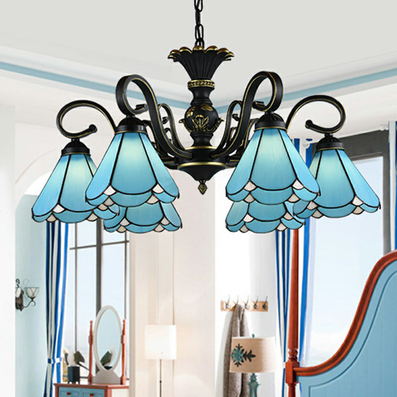Mediterranean Hand Cut Glass Chandelier With 6 Conical Hanging Lamps & Scalloped Edges