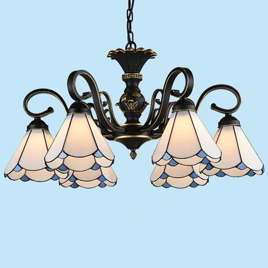 Mediterranean Hand Cut Glass Chandelier With 6 Conical Hanging Lamps & Scalloped Edges White