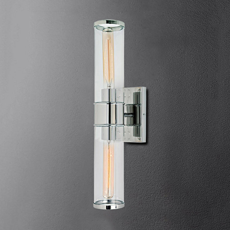 Traditional Clear Glass Tube Wall Lamp With 2 Bulbs - Brass/Chrome Sconce For Bedside