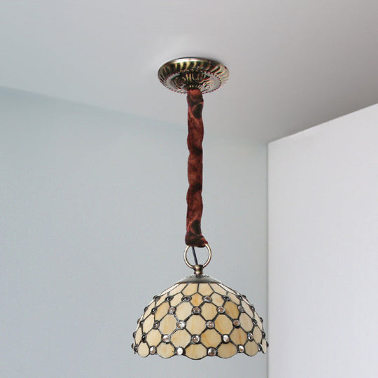 Beige Tiffany Glass Bowl Suspension Lamp: Elegant 1-Bulb Ceiling Light Fixture With Jewel Deco