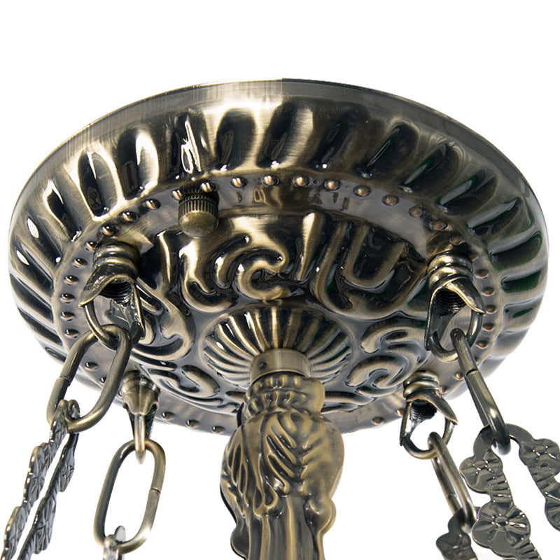 Tiffany Stained Glass Chandelier With Dragonfly Pattern And Gem-Like Cabochons In Green