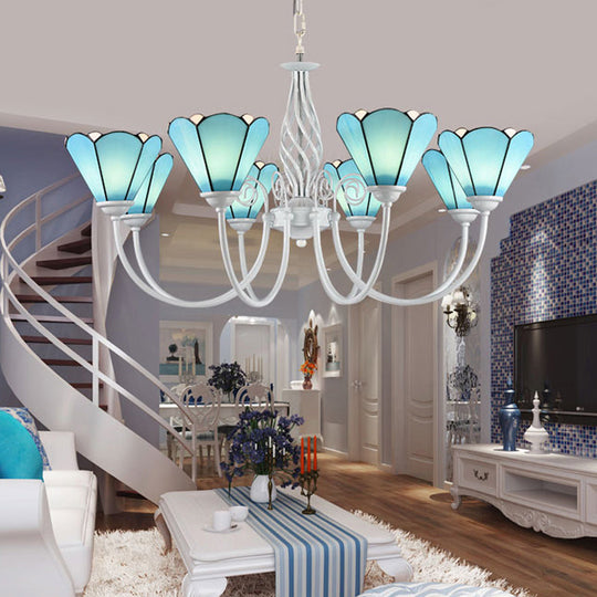 Mediterranean Blue Conical Glass Chandelier With White Arched Arm - Handcrafted Hanging Ceiling