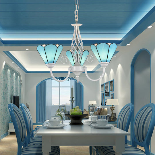 Mediterranean Blue Conical Glass Chandelier With White Arched Arm - Handcrafted Hanging Ceiling