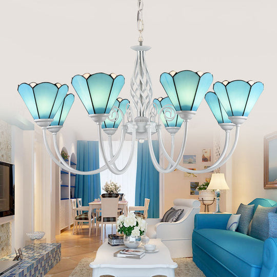 Handcrafted Mediterranean Blue Glass Chandelier With White Arched Arm - Conical Hanging Ceiling
