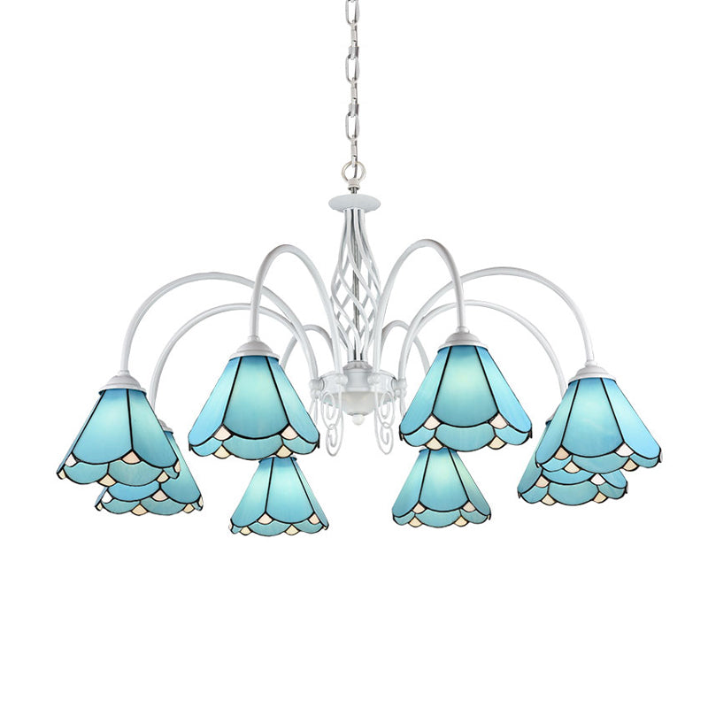 Handcrafted Mediterranean Blue Glass Chandelier With White Arched Arm - Conical Hanging Ceiling