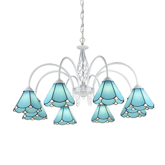 Handcrafted Mediterranean Blue Glass Chandelier With White Arched Arm - Conical Hanging Ceiling