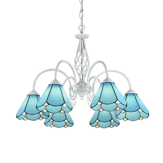 Handcrafted Mediterranean Blue Glass Chandelier With White Arched Arm - Conical Hanging Ceiling