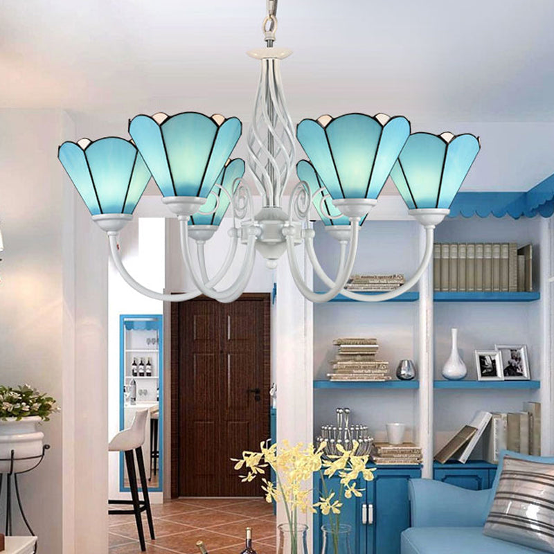Mediterranean Blue Conical Glass Chandelier With White Arched Arm - Handcrafted Hanging Ceiling