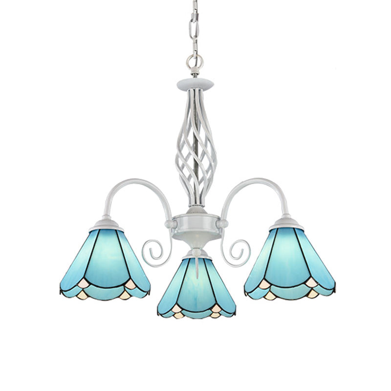Mediterranean Blue Conical Glass Chandelier With White Arched Arm - Handcrafted Hanging Ceiling