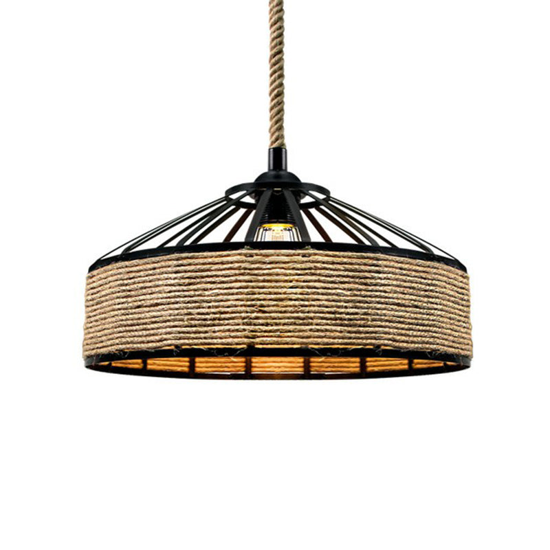 Rustic Rope Cage Pendant Light - Hand-Wrapped 1 Bulb Ceiling Lamp In Brown For Restaurants