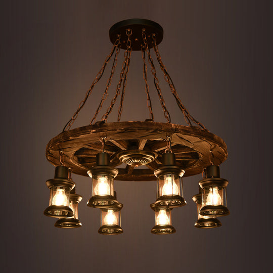 Nautical 8-Bulb Wooden Wagon Wheel Chandelier With Lantern: Dining Room Pendant Light In Brown