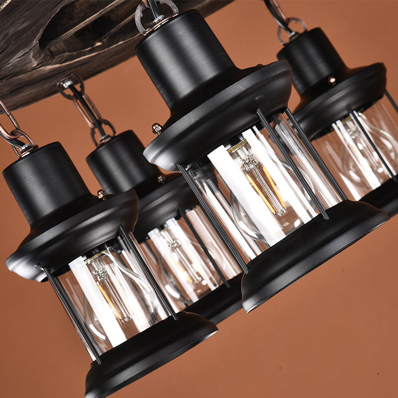 Nautical 8-Bulb Wooden Wagon Wheel Chandelier With Lantern: Dining Room Pendant Light In Brown