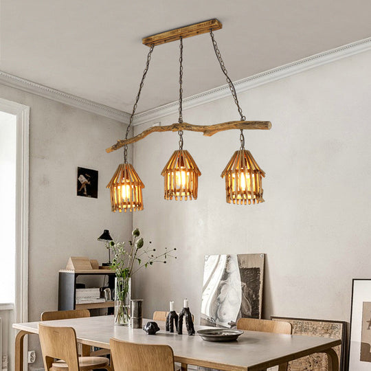 Nordic Style Wooden House Pendant Light With 3 Heads - Ideal For Dining Room