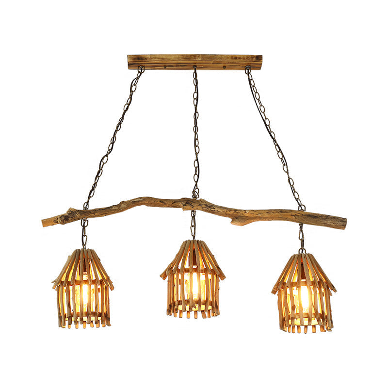 Nordic Style Wooden House Pendant Light With 3 Heads - Ideal For Dining Room
