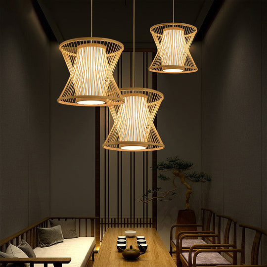 Nordic Bamboo Pendant Lighting: Symmetric Cage 1 Bulb Beige - Ideal For Restaurants