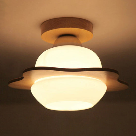 Nordic Wood Semi Flush Mount Ceiling Fixture: Cream Glass Flower Corridor Lighting With 1 - Light