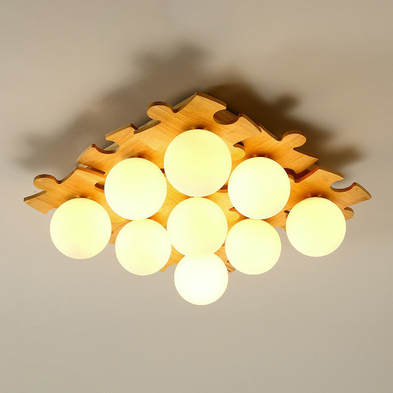 Modern Wood Puzzle Design Semi Flush Ceiling Light With White Glass Ball 9 /
