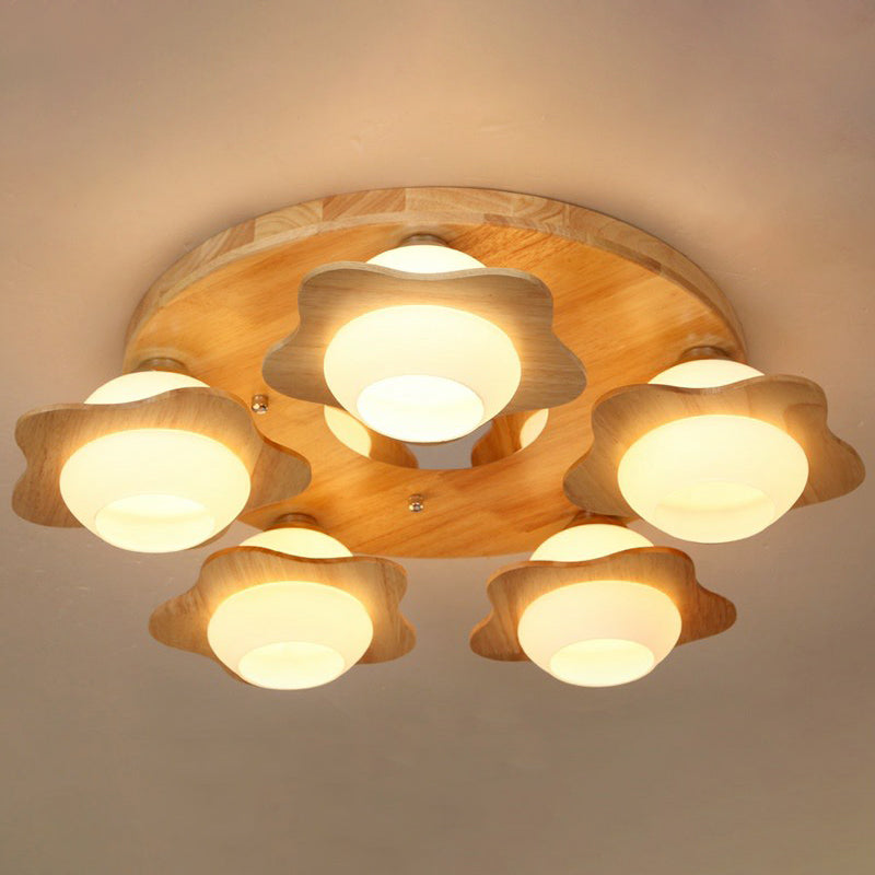Modern Wood Flushmount Ceiling Light With Ivory Glass Shade And 5 Lights For Bedroom