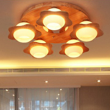 Modern Wood Flushmount Ceiling Light With Ivory Glass Shade And 5 Lights For Bedroom
