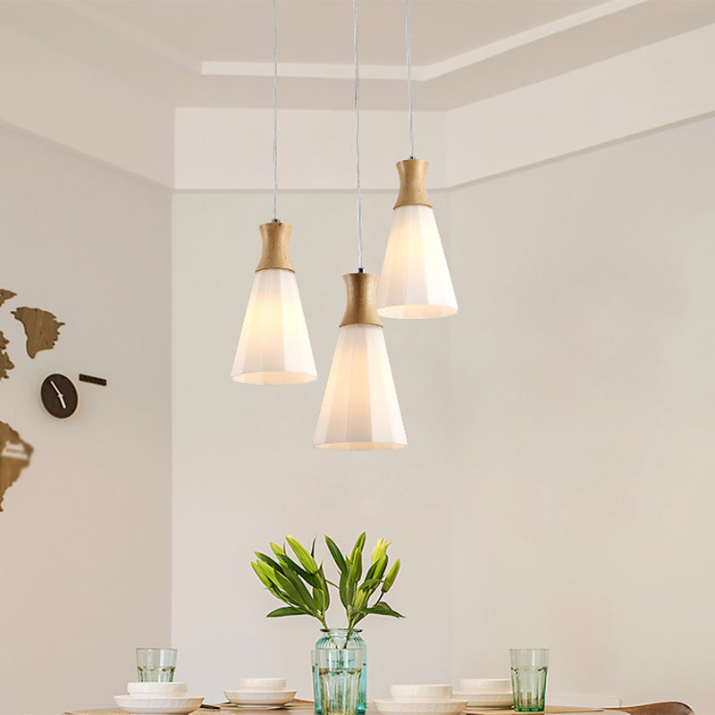 Nordic Opal Frosted Glass 3-Bulb Conical Ceiling Light Pendant With Wood Accents - Ideal For Dining
