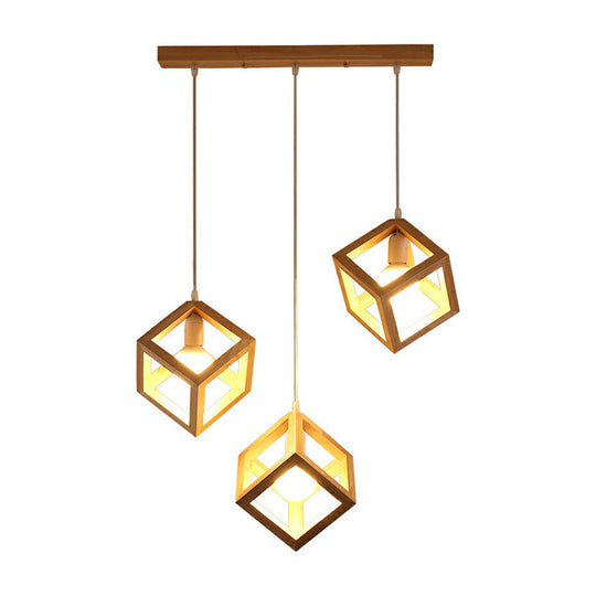 Contemporary Wood Cube Cluster Pendant Light For Dining Room: 3-Head Suspension